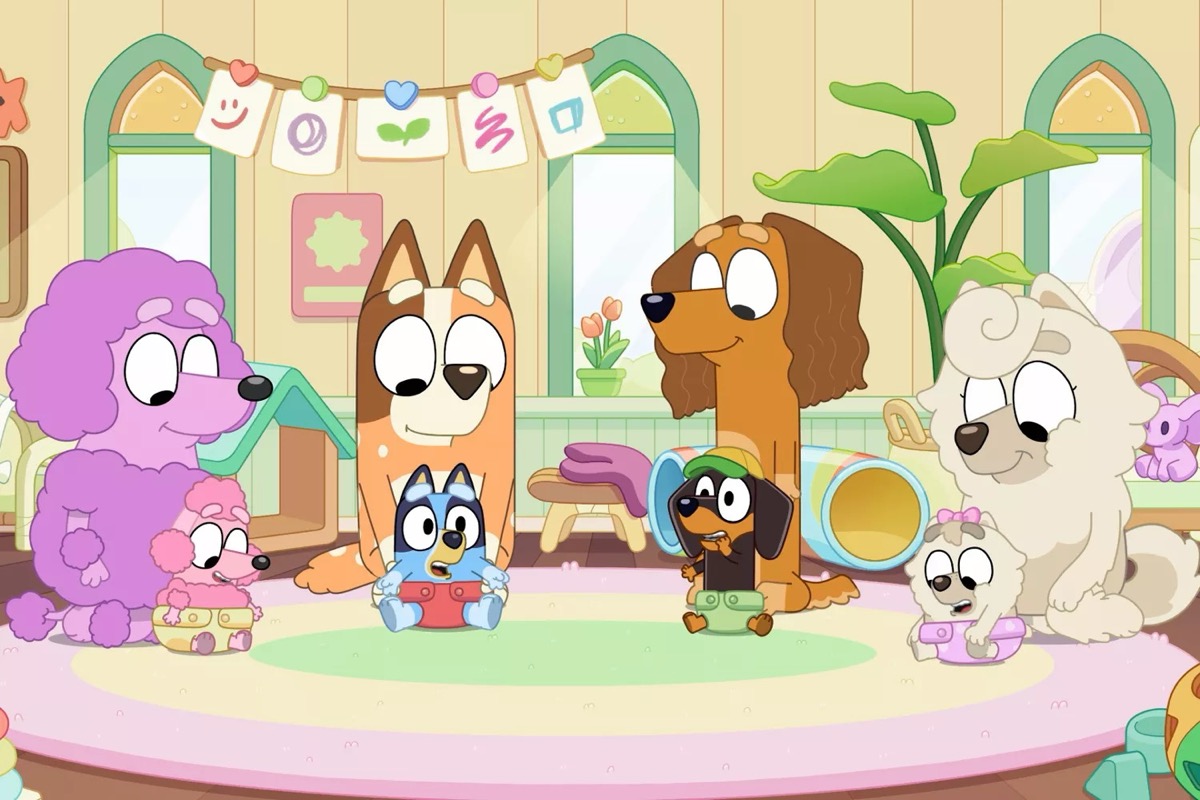 Animated dog moms play with their babies in "Bluey"