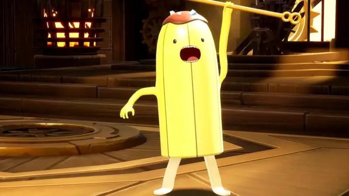 Banana Guard yells with a spear in the air in 