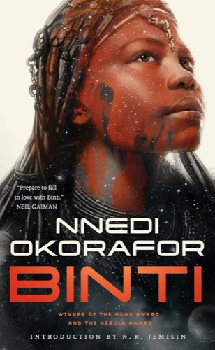 A young woman looks determined into the sky on cover art for "Binti"