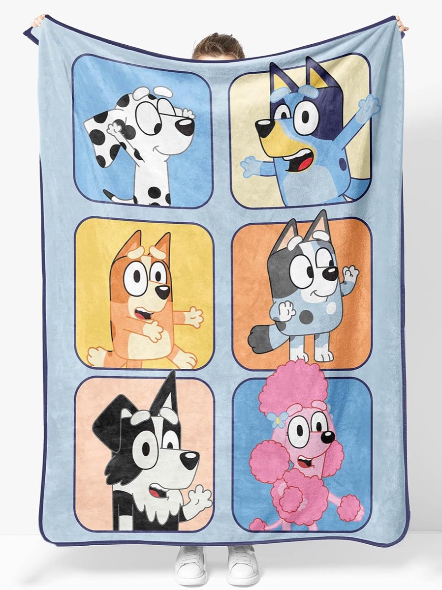 Bluey and friends pictured on a throw blanket