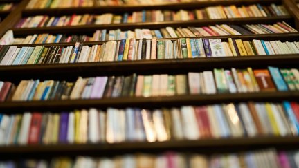 Books on black bookshelf