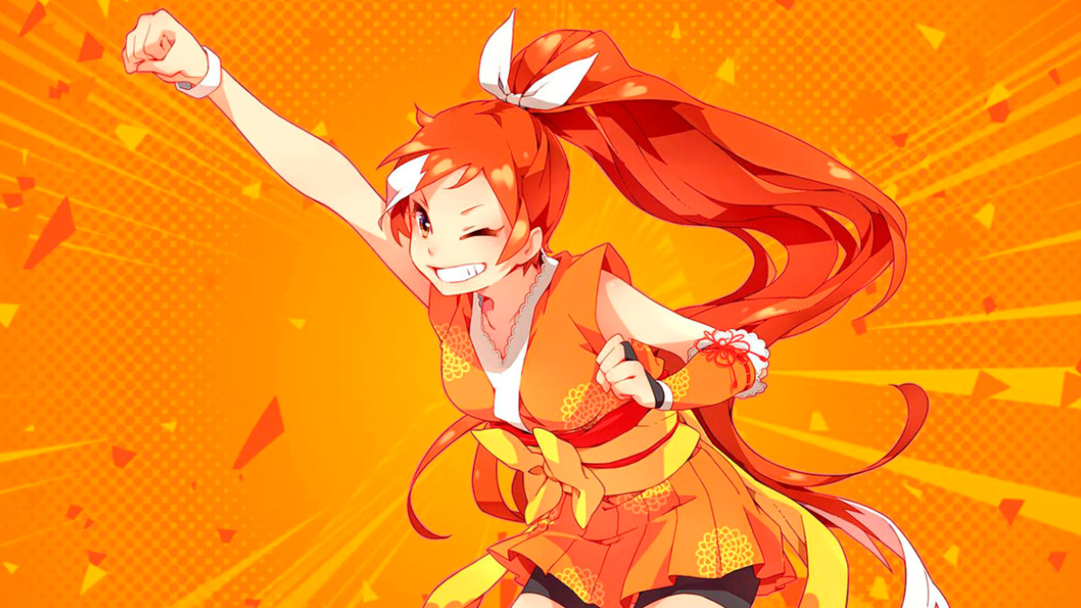 Crunchyroll's mascot Hime punching the air. There's an orange background.