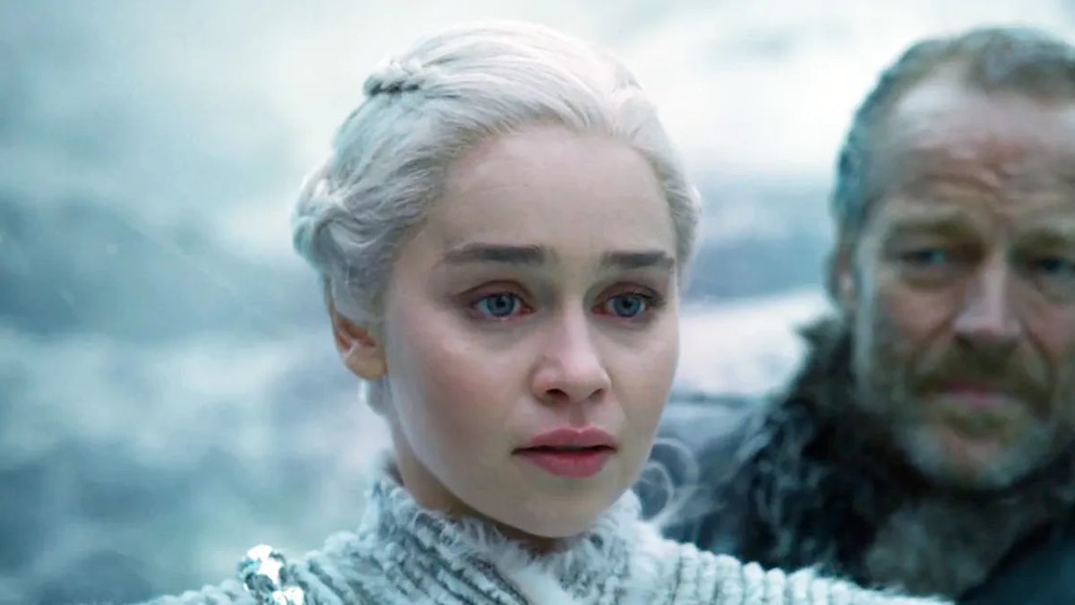 Emilia Clarke as Daenerys Targaryen cries when Viserion the dragon is killed by the Night King on Game of Thrones