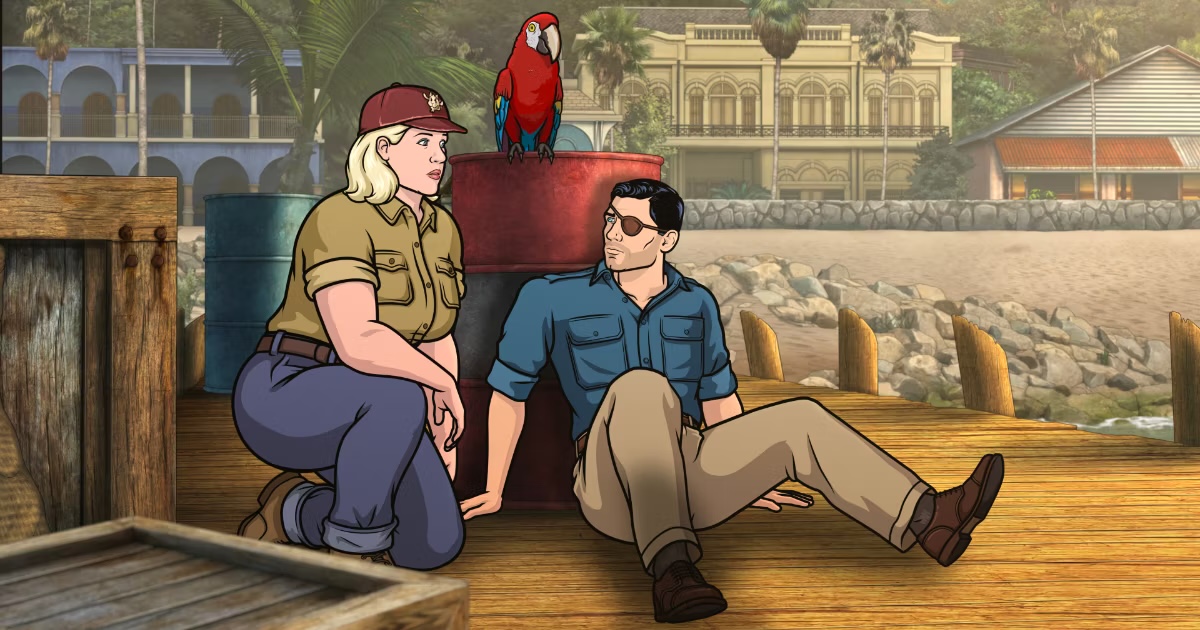 Archer leans against a barrel while talking to Pam on a dock in "Archer"