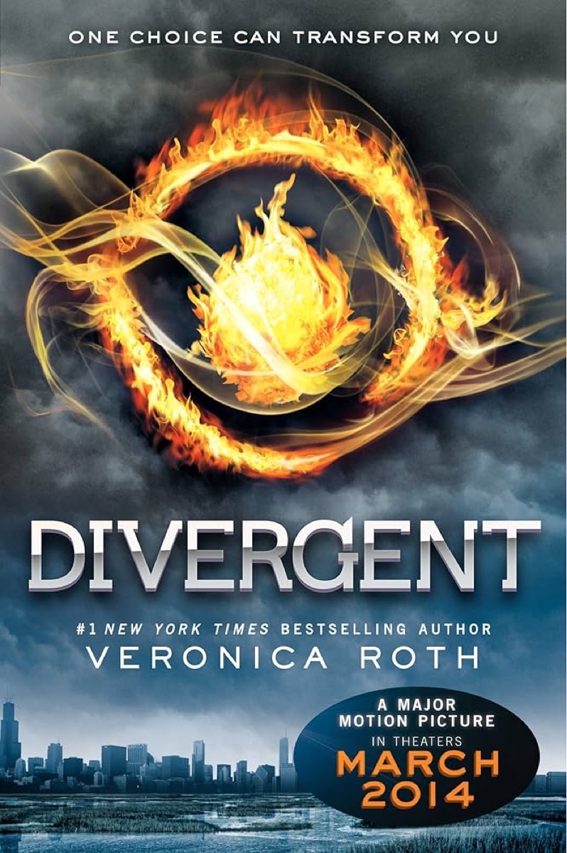 Cover art for "Divergent" featuring a burning wheel in the sky