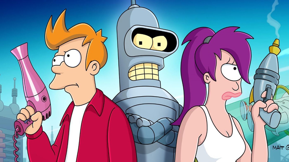 Futurama characters Frye, Bender, and Leela
