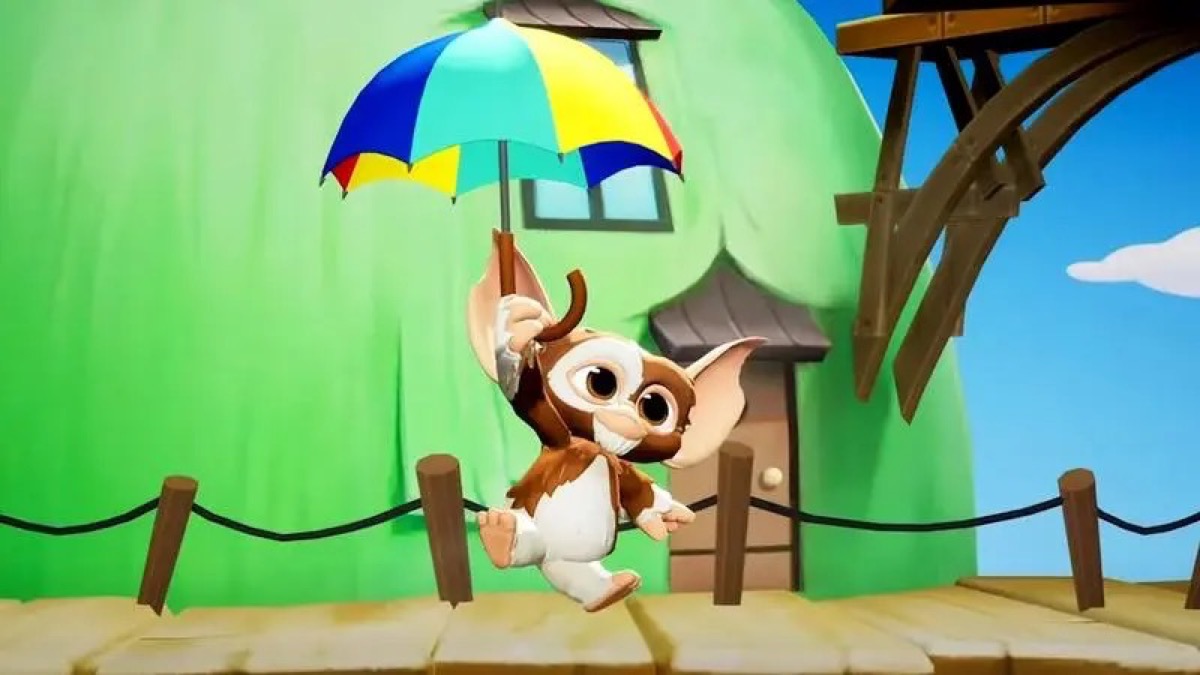 Gizmo rides the wind on an umbrella in "Multiversus" 