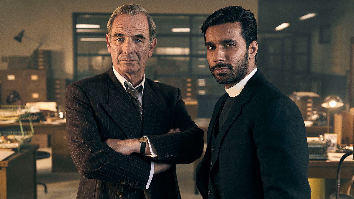 Robson Green as DI Geordie Keating and Rishi Nair as Alphy Kotteram in Grantchester