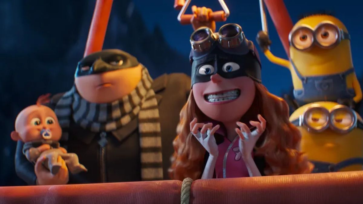 Gru, Gru Jr, Poppy Prescott and the minions ride in a hot air balloon no their way to heist in Despicable Me 4
