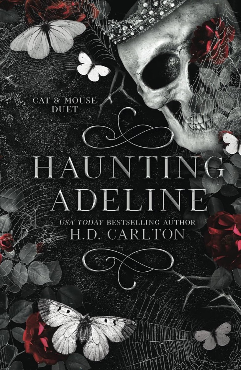 Cover art for "Haunting Adeline" featuring a skull and butterflies