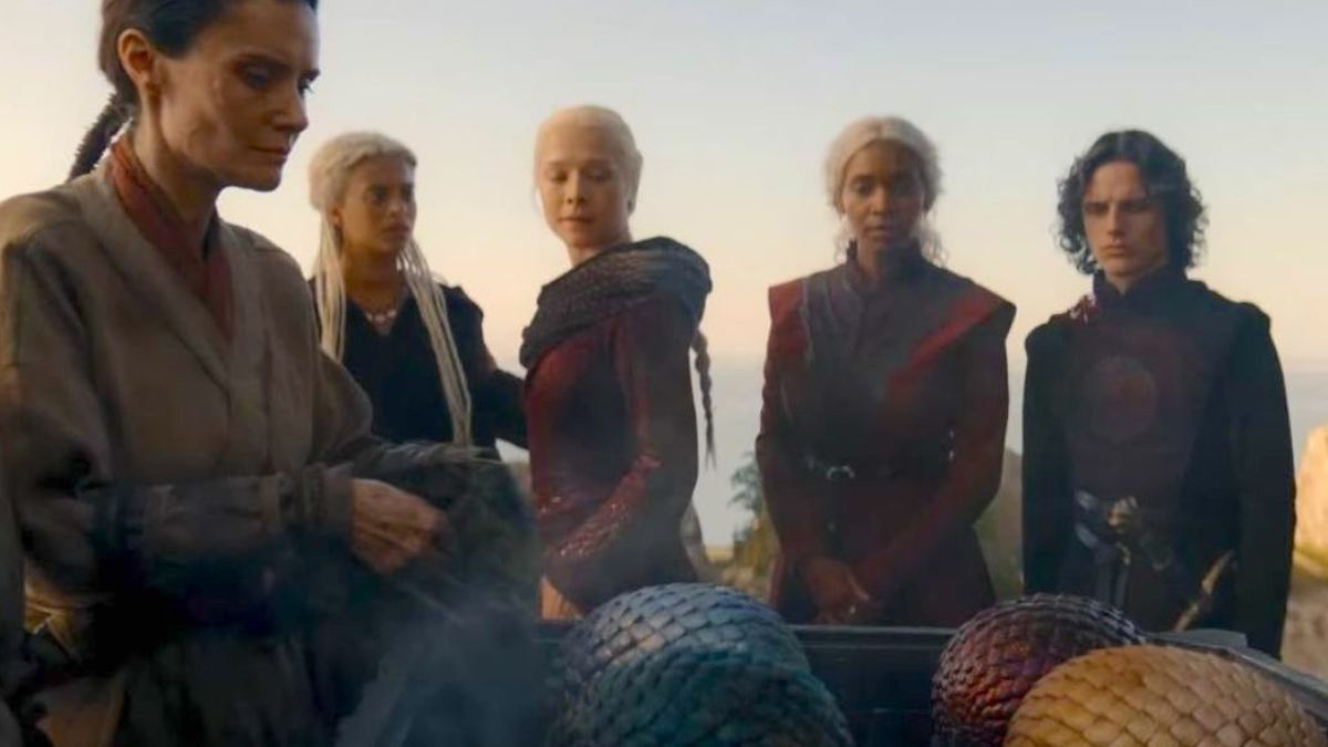 Rhaenyra, Rhaena, Baela Targaryen and Jacaerys Velaryon observe four dragon eggs in House of the Dragon season 2