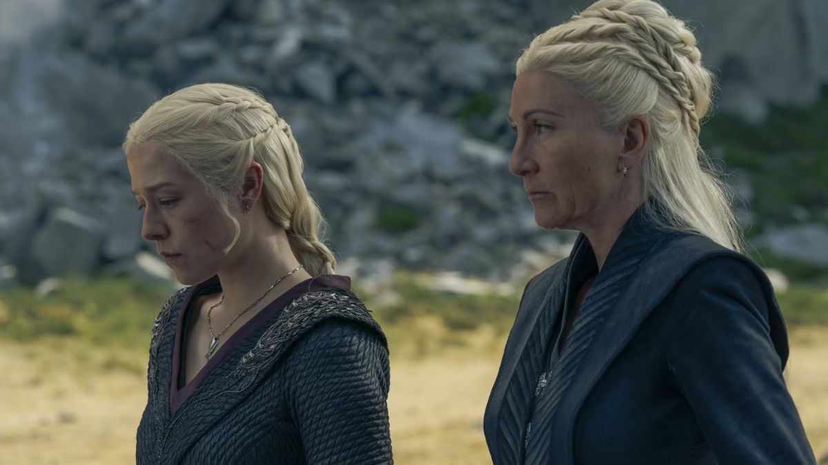 Rhaenyra and Rhaenys Targaryen, played by Emma D'Arcy and Eve Best, have a discussion in the second season of House of the Dragon