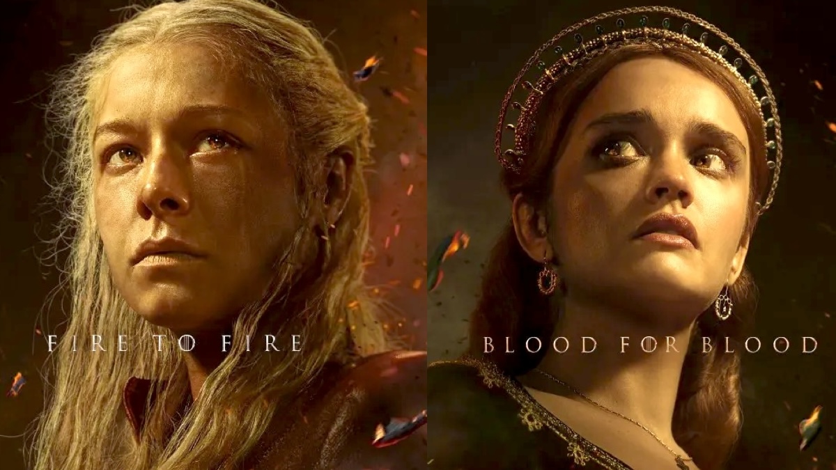 Composite image of Rhaenyra and Alicent's character posters for 'House of the Dragon'.
