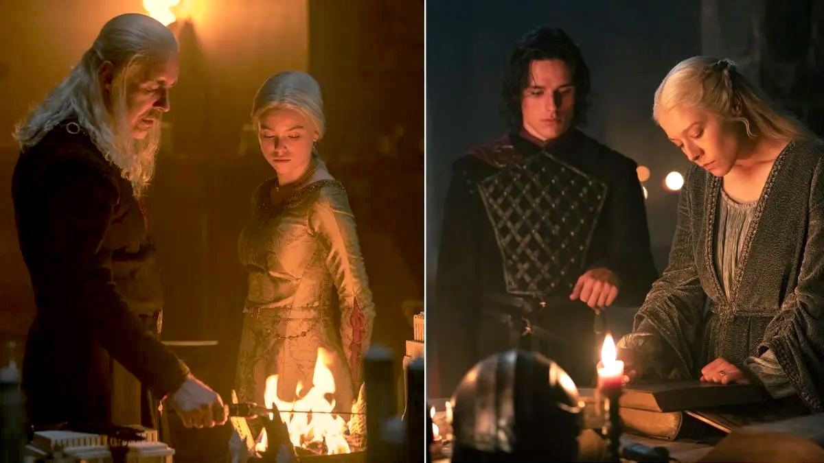 Left: Paddy Considine as Viserys Targaryen and Milly Alcock as Rhaenyra. Right: Harry Collett as Jaecaerys Velaryon and Emma D'Arcy as Rhaenyra in House of the Dragon