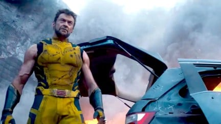 Hugh Jackman wearing Wolverine's signature yellow and blue suit