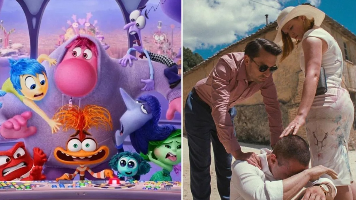 Left: The emotions from Inside Out 2 controlling the panel. Right: Kendall sitting on the floor, crying, while Shiv and Roman comfort him, from Succession