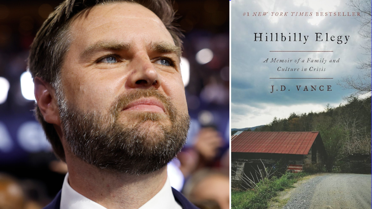 J. D. Vance at the RNC next to the cover of his book Hillbilly Elegy