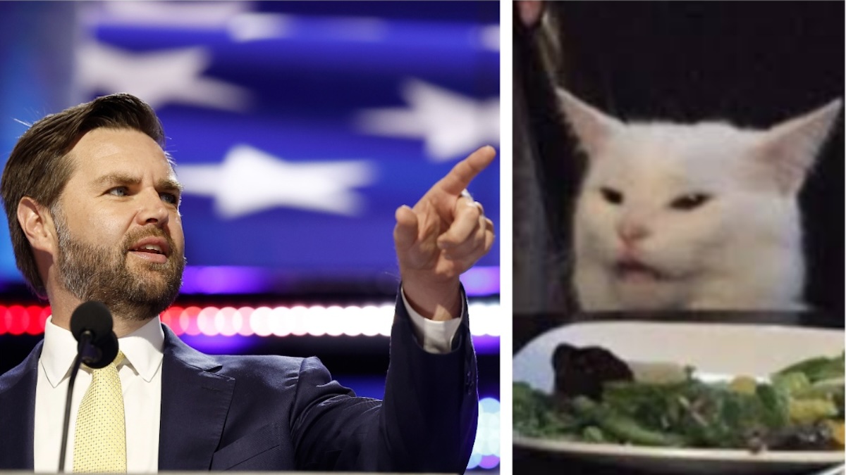 Side by side images of JD Vance and Smudge the Cat