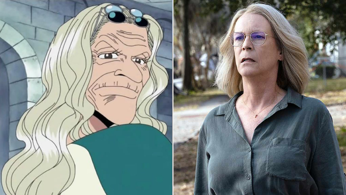 Dr. Kureha in One Piece next to an image of Jamie Lee Curtis in Halloween Ends