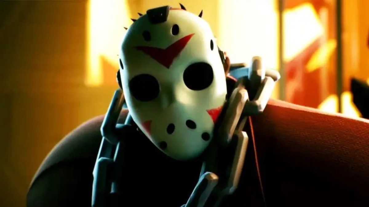 Jason Voorhees stares at the camera in front of a burning house in "Multiversus"