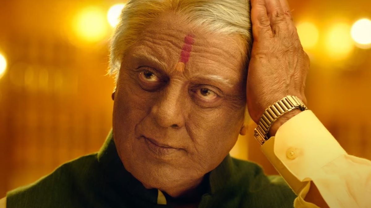 Kamal Haasan as Senapathy sweeps his hair back in Indian 2