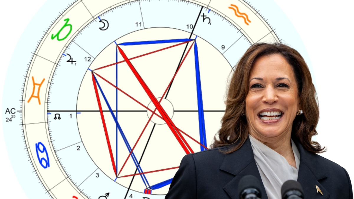 Kamala Harris imposed over an astrology diagram