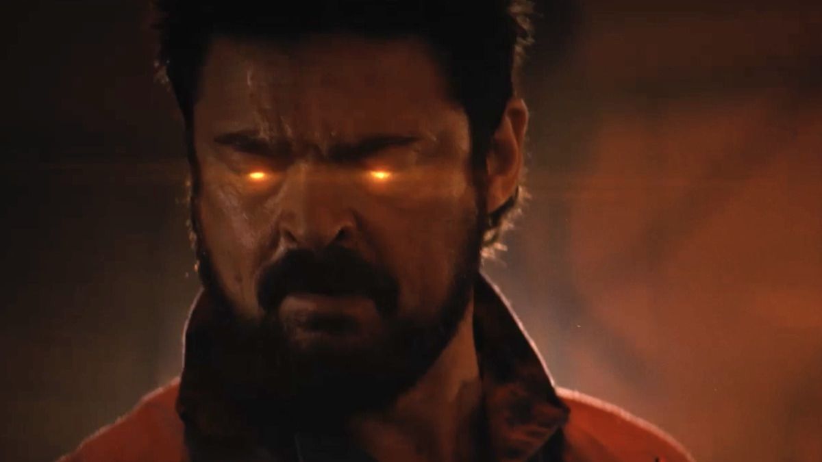 Karl Urban as Billy Butcher amped up on V24 with gold laser vision in The Boys season 3