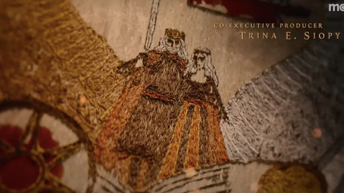 King Jaehaerys and Queen Alysanne Targaryen embroidered in a tapestry in House of The Dragon opening credits