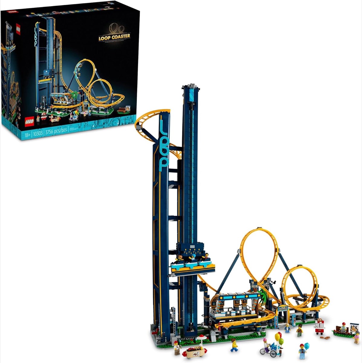 An assembled LEGO loop coaster 