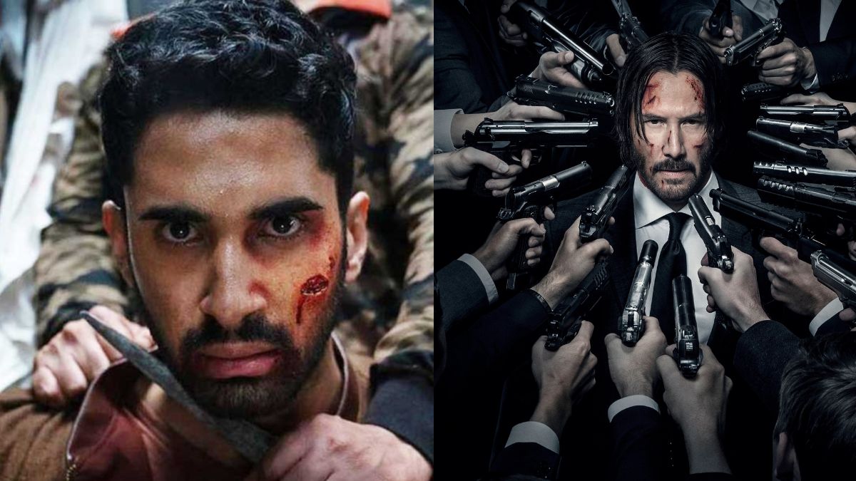 Left: Lakshya as Amrit Rathod kneeling with a knife to his throat in Kill. Right: Keanu Reeves with guns pointing at him in John Wick