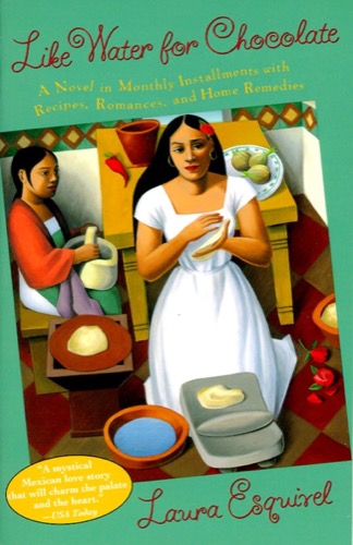 Cover art for "Like Water for Chocolate" featuring a woman in a white dress making food while another sits at a table