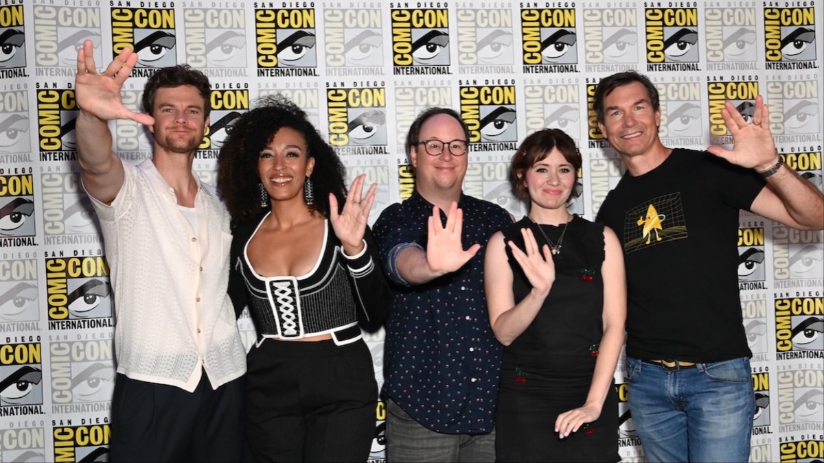 From L to R: Star Trek: Lower Deckers' Jack Quaid, Tawny Newsome, Mike McMahan, Noël Wells, and Jerry O'Connell attend San Diego Comic Con on July 27, 2024.