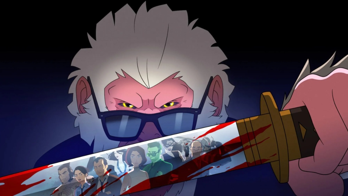 Marvel's Hit-Monkey banner, Hit-Monkey holds a katana with the faces of other characters reflected in it.
