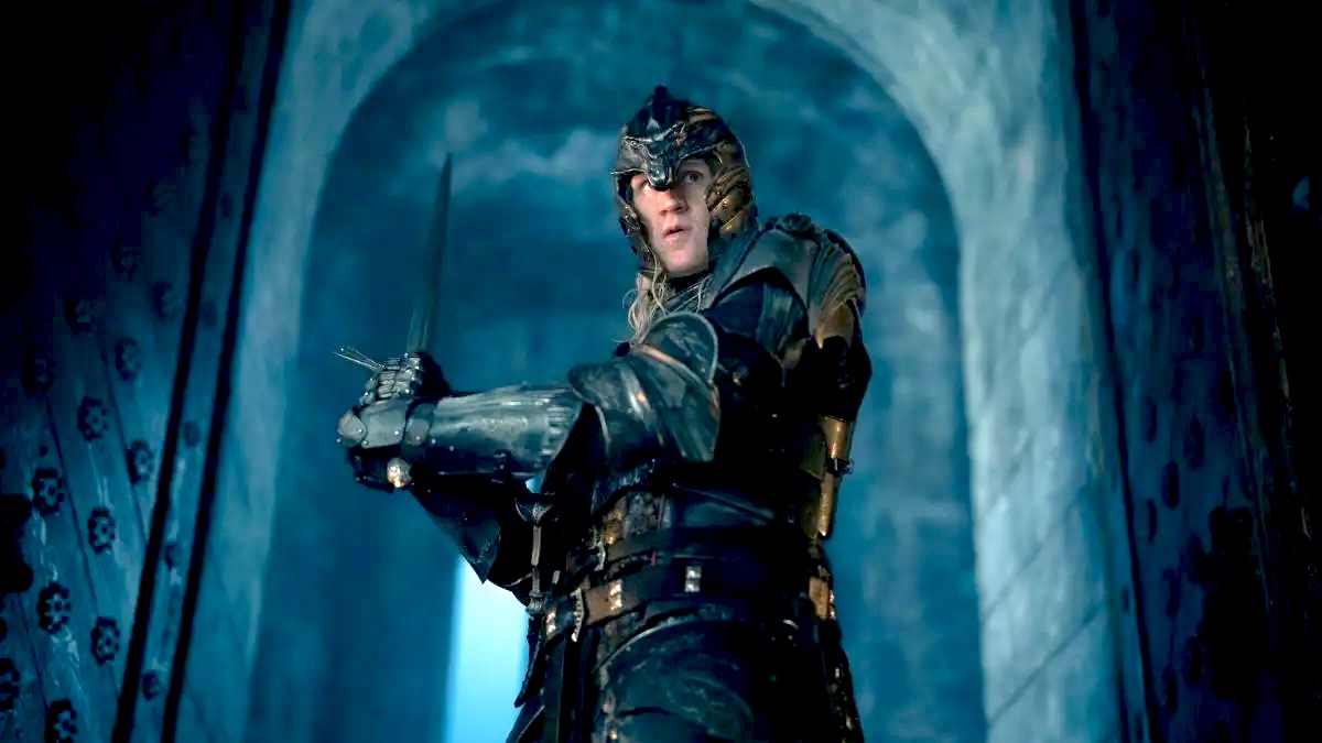 Matt Smith as Daemon Targaryen wields a sword while entering Harrenhal in House of The Dragon