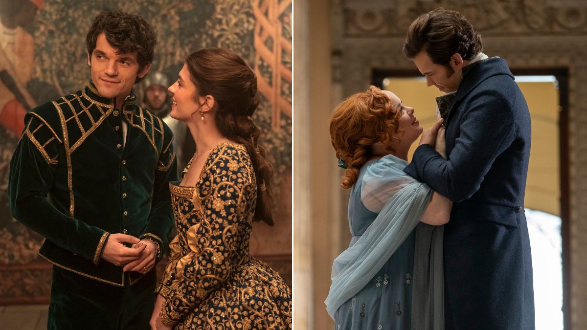 Left: Edward Bluemel as Lord Guildford Dudley and Emily Bader as Queen Jane. Right: Nicola Coughlan as Penelope Featherington and Luke Newton as Colin Bridgerton in Bridgerton season 3.