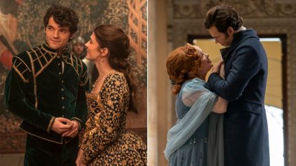 Left: Edward Bluemel as Lord Guildford Dudley and Emily Bader as Queen Jane. Right: Nicola Coughlan as Penelope Featherington and Luke Newton as Colin Bridgerton in Bridgerton season 3.