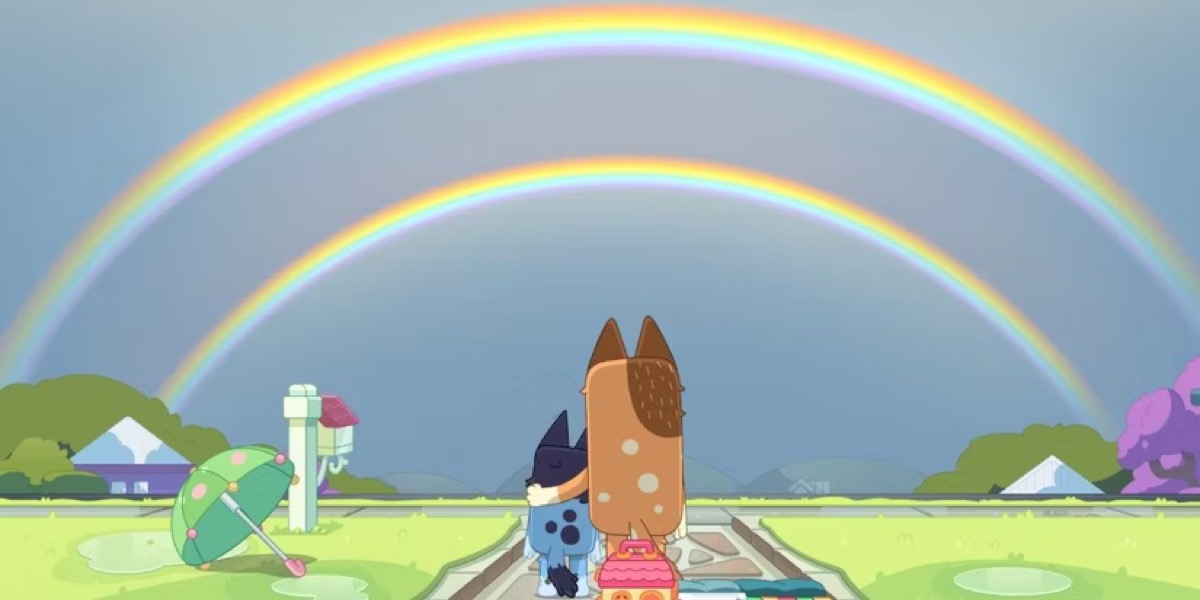 A dog mom and her puppy watch a double rainbow in "Bluey"