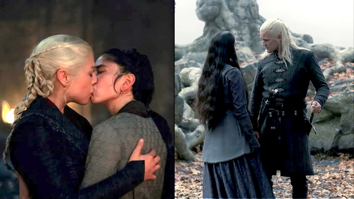 Left: Rhaenyra and Mysaria locked in a kiss. Right: Daemon talks to Alys Rivers in the Godswood at Harrenhal