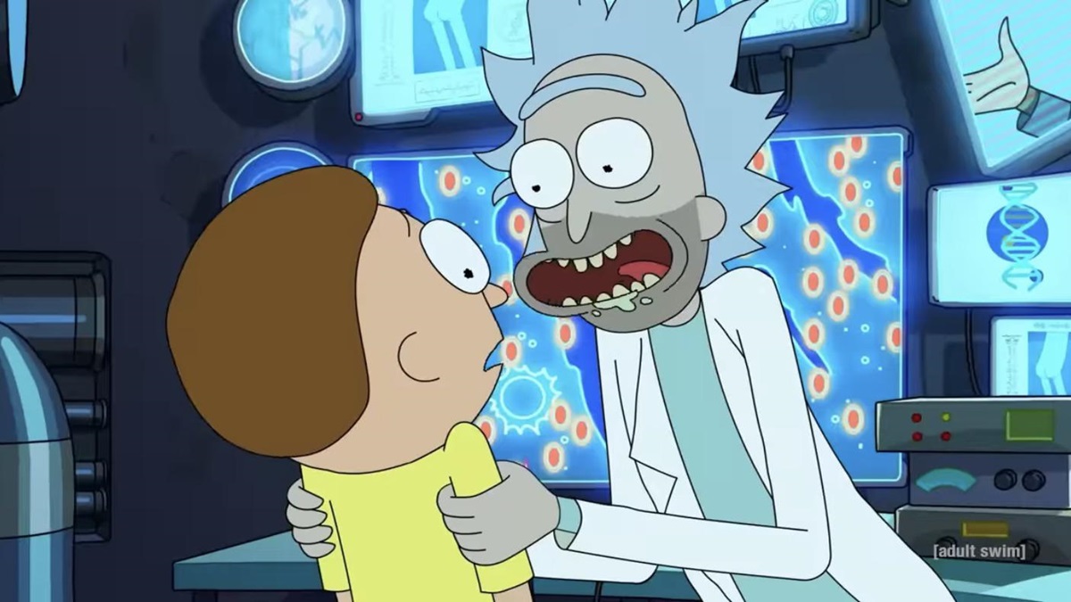 Rick holding Morty by shoulders and shaking him vigorously