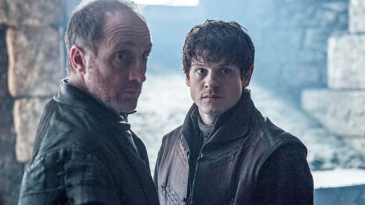 Michael McElhatton as Roose Bolton and Iwan Rheon as Ramsay Bolton in Game of Thrones