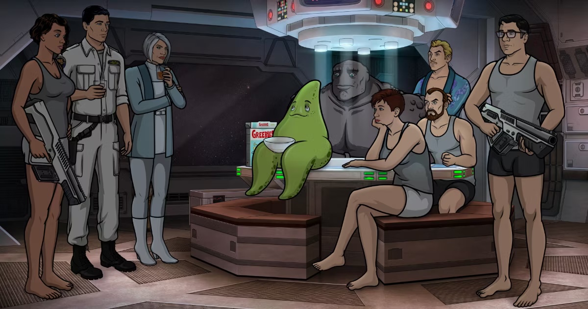 The cast of "Archer' talk to a starfish looking alien in a spaceship 