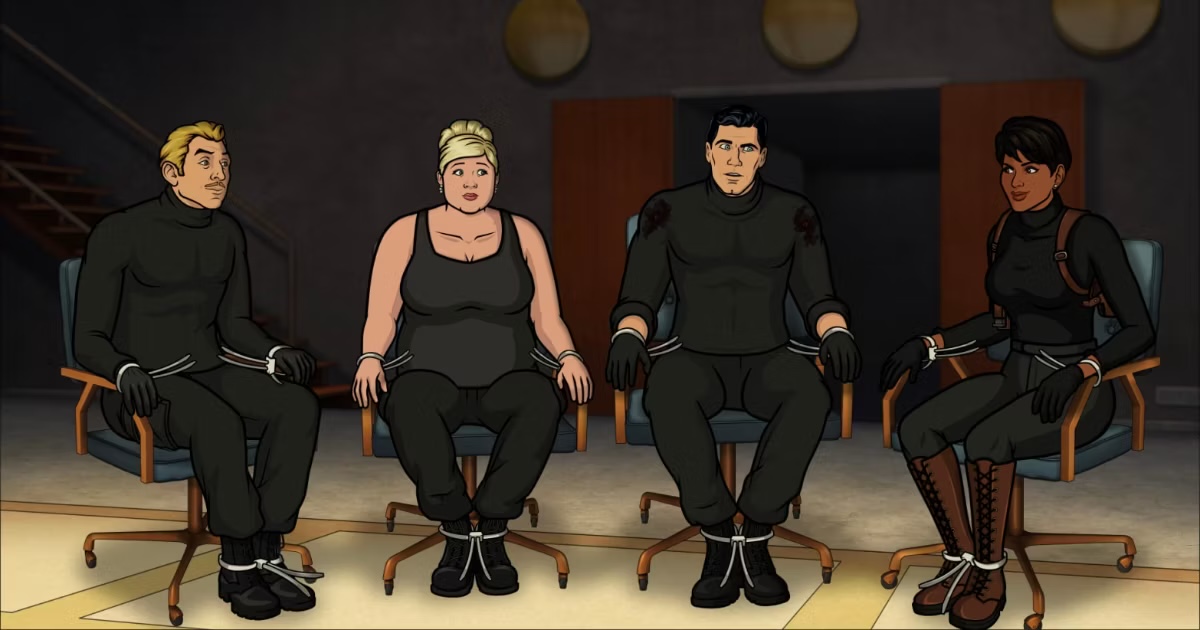 Archer and his coworkers are tied to chairs in "Archer"