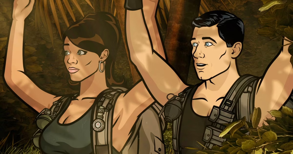 A man and a woman in tactical gear raise their hands in surrender in "Archer" 