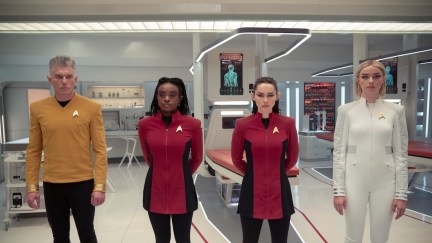 Star Trek: Strange New Worlds Season 3 actors Anson Mount as Pike, Celia Rose Gooding as Uhura, Christina Chong as La’an and Jess Bush as Chapel, all with hot vulcan ears and 