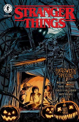 The cover for the Stranger Things Halloween Special comic book, featuring the boys in Castle Byers. 