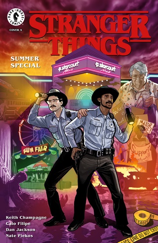 Officers Powell and Calahan in front of the Starcourt Mall on the cover of the Stranger Things Summer Special comic book