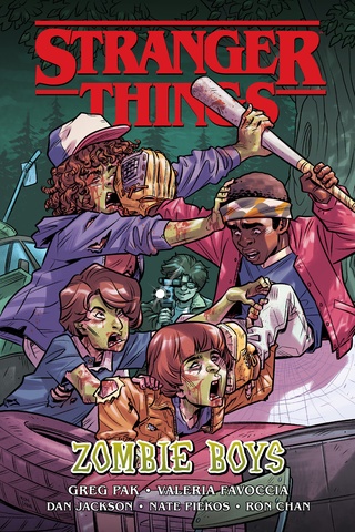 The cover for Stranger Things: Zombie Boys, with the gang dressed up as zombies and fighting 