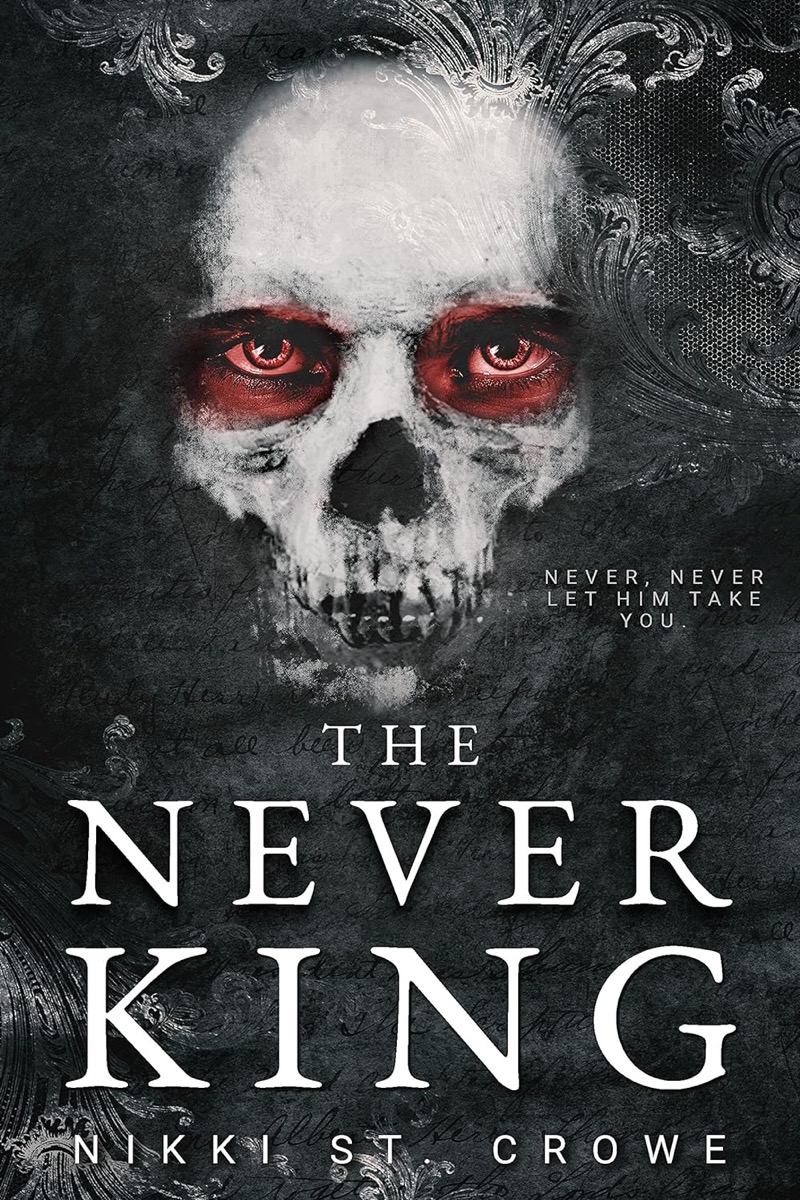 Cover art for "The Never King" featuring a person wearing a skull mask