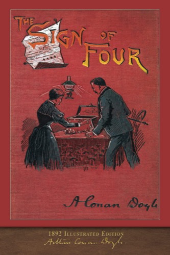 Cover art for "The sign of the four" featuring a man and woman looking over a table 