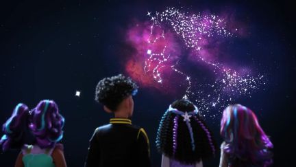 Sophia and her friends staring at the Unicorn Constellation